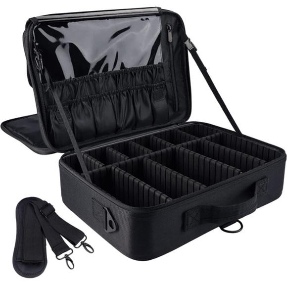 Large Makeup Case PU Leather Makeup Bag 3 Layers Adjustable Strap